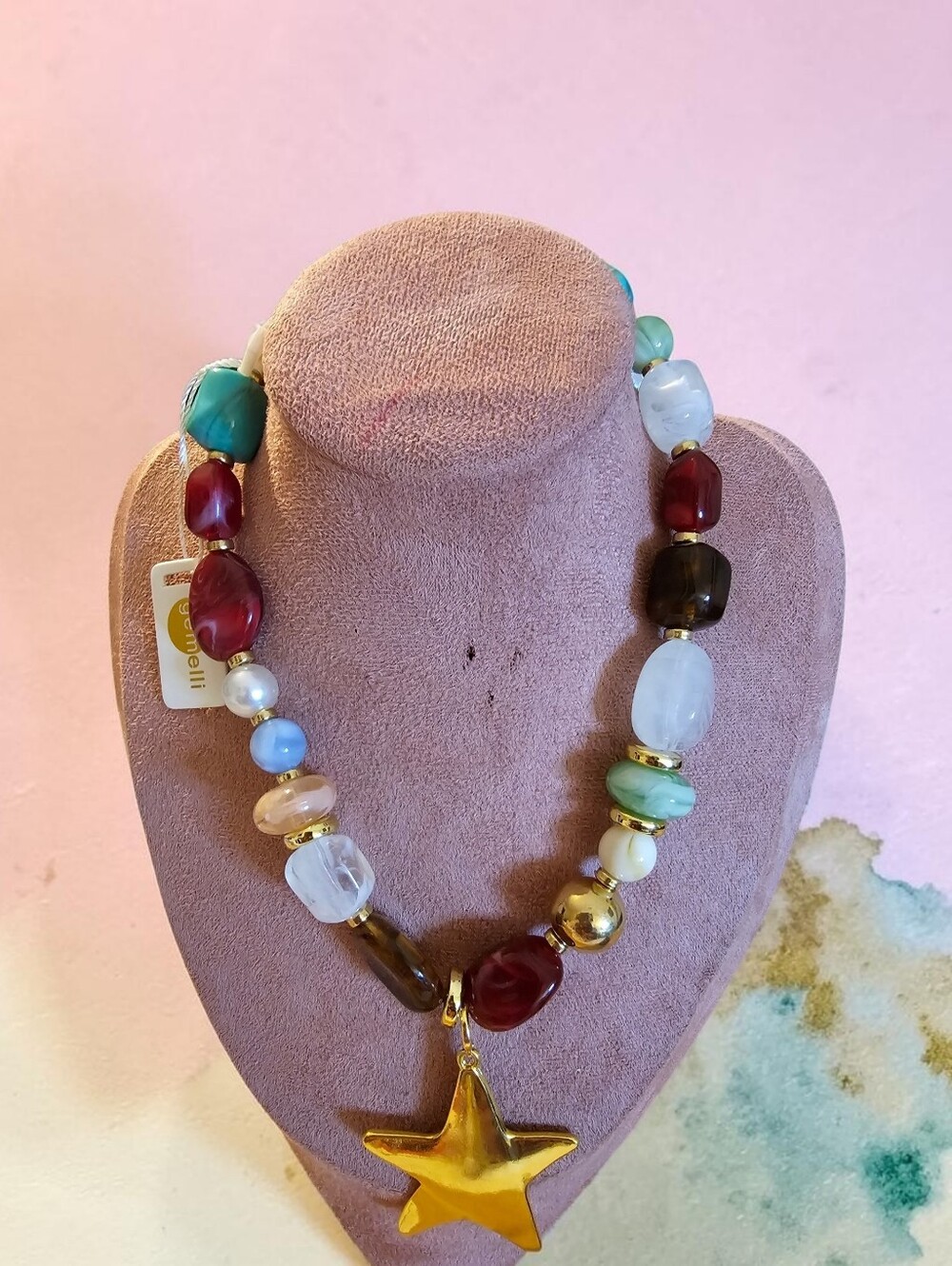 Gemilli Nwt Handcrafted Multicolor Bead Necklace with Gold Star Pendant
